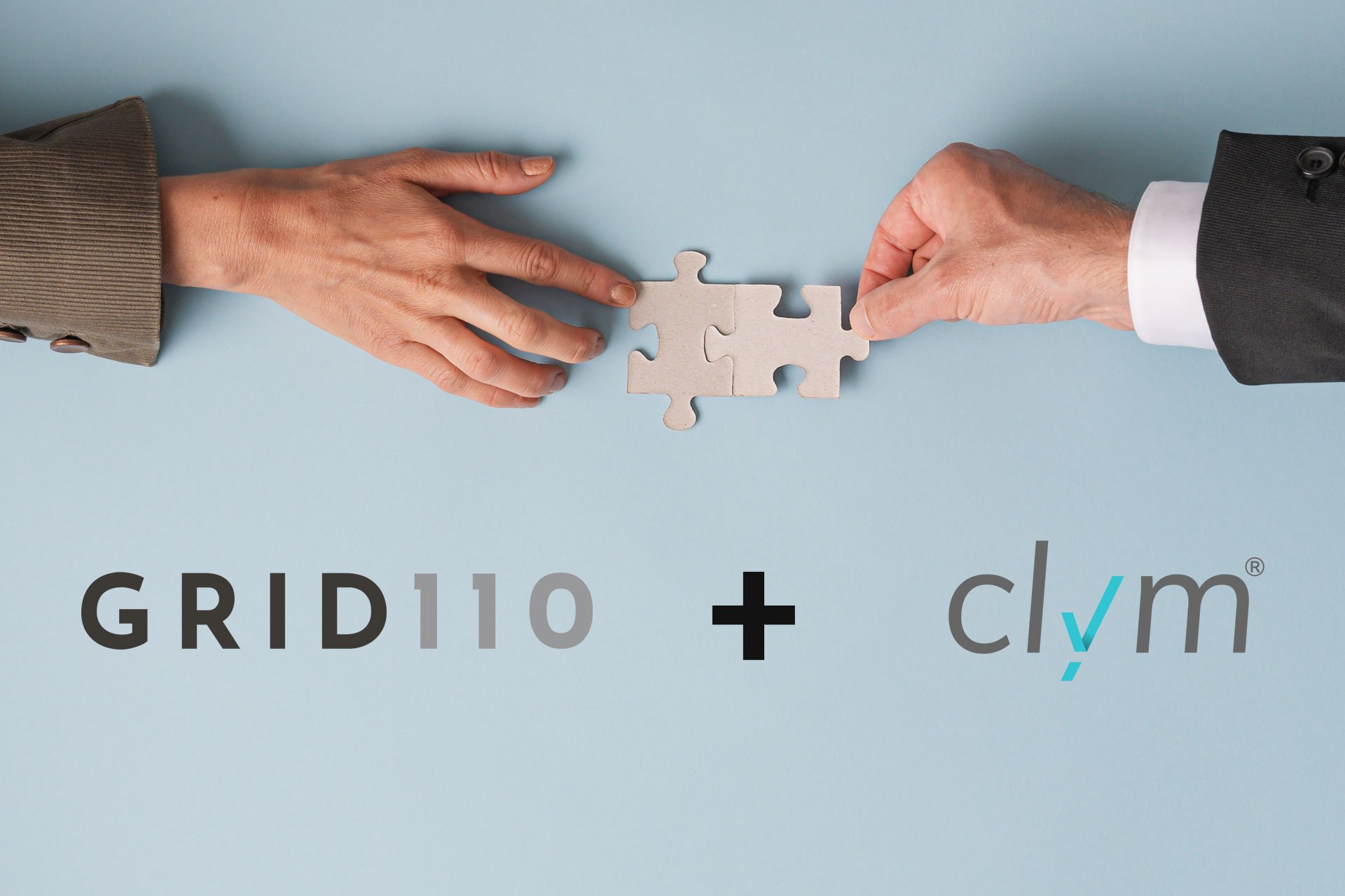 two hands and logos for Grid110 and Clym 