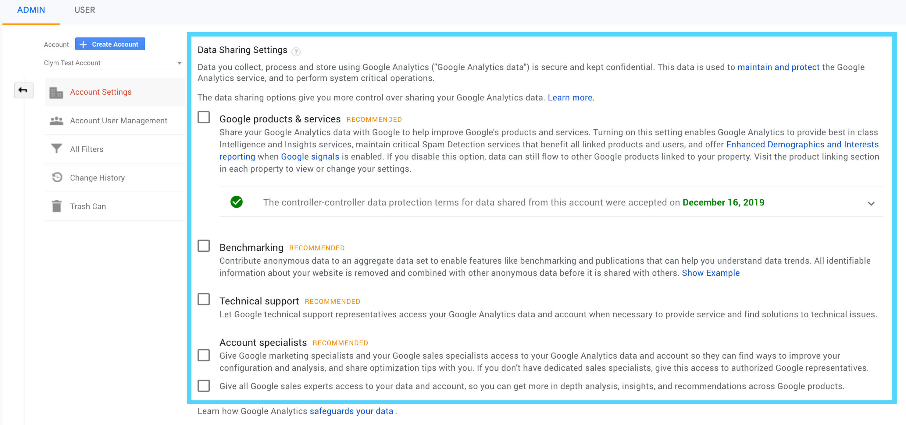 Google Analytics Data Sharing Settings to be compliant with the GDPR regulation.