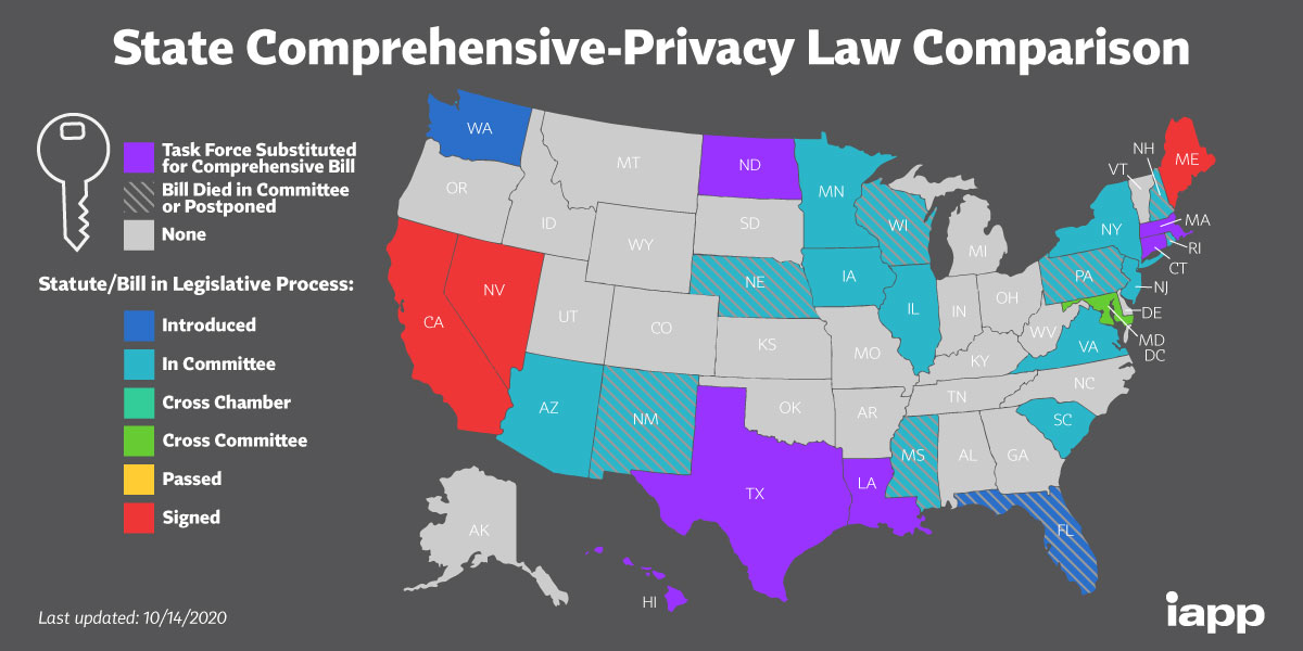map of usa with privacy law coloring by state